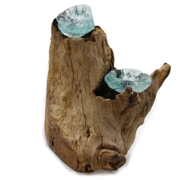 Driftwood base with turquoise blown glass bowls fused into its natural contours for decorative display.