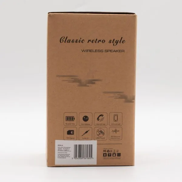 Brown cardboard box packaging for a retro-style wireless mini gramophone speaker with feature icons.