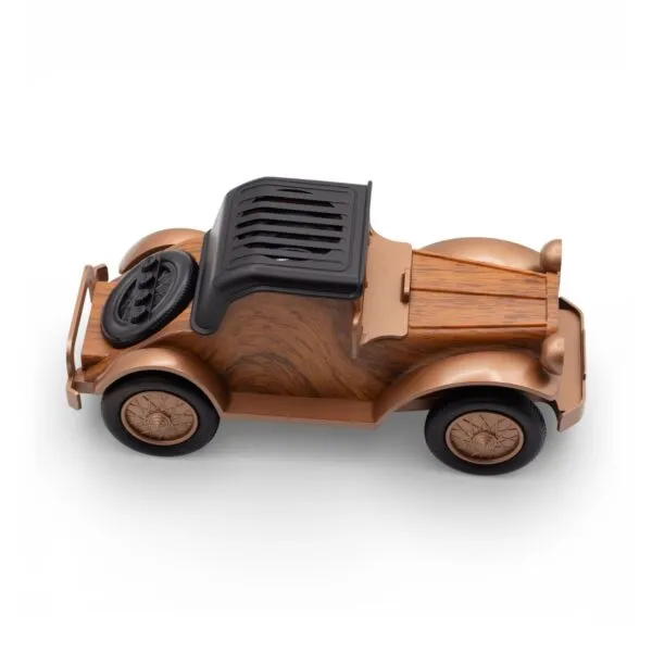 A miniature vintage-style bronze and wood model car with black roof and detailed spoke wheels.