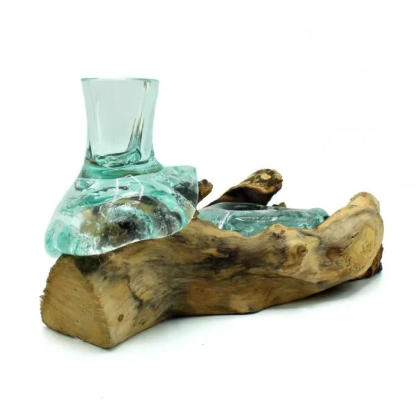 Hand-blown turquoise glass vase fused onto natural driftwood base, artisanal decorative sculpture