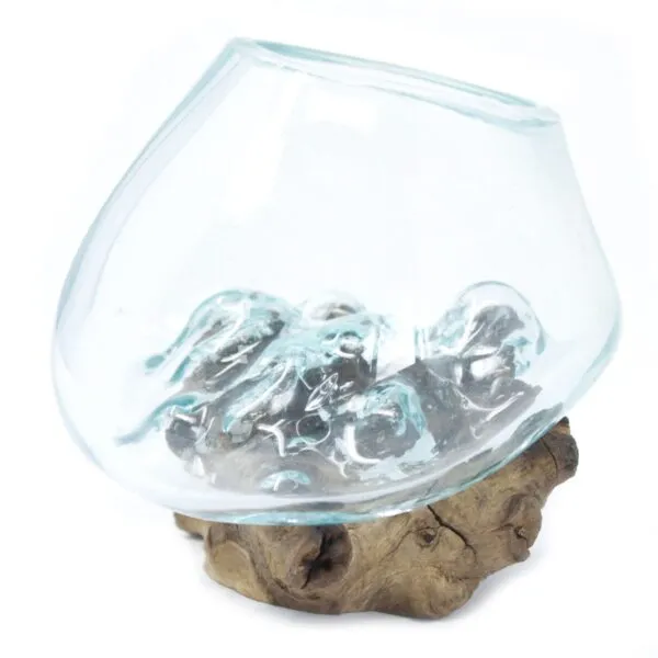 Handcrafted glass bowl fused to natural wooden base, rustic Balinese-style decorative home accent piece.