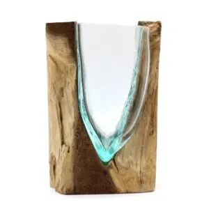 Hand-blown glass bowl fused with rustic natural wood base in an artistic decorative vessel.