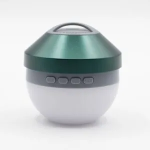 A portable green and white dome-shaped smart lantern with handle and control buttons.