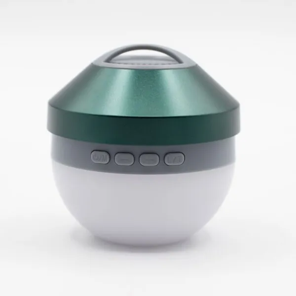 A portable green and white dome-shaped smart lantern with handle and control buttons.
