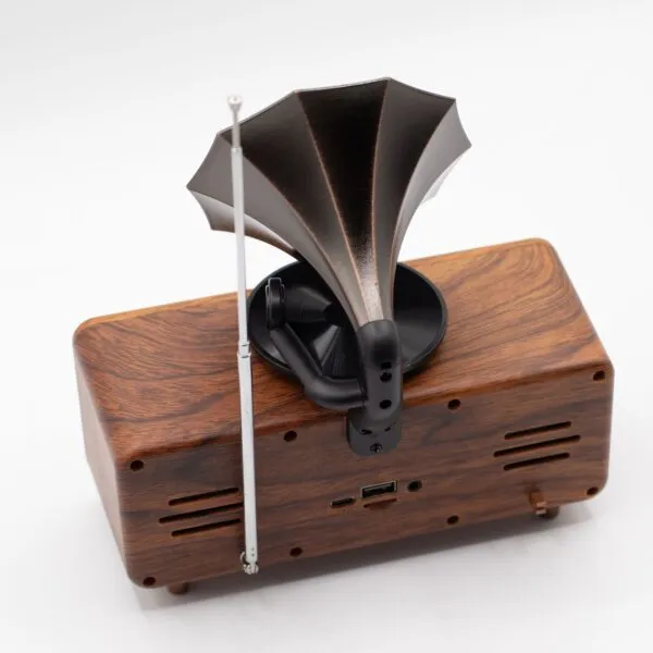 Retro Wooden Bluetooth Speaker Brown - Brass Gramophone Horn Vintage-style wooden Bluetooth speaker with a brass gramophone horn and modern input ports.
