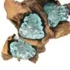 Organic wooden sculpture with translucent aquamarine glass forms resembling flowers, blending natural wood and glass artistry.