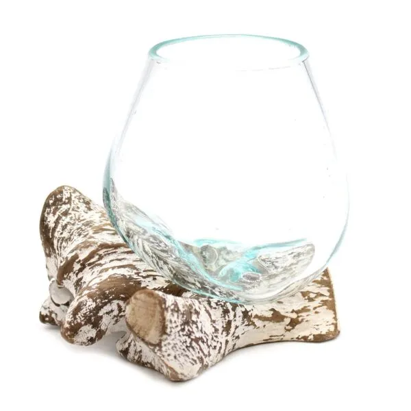 Hand-Blown Glass Bowl Driftwood Base - Clear Rustic Design Clear hand-blown glass bowl fused to natural driftwood base, rustic coastal decorative art piece.