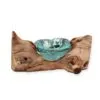 A handcrafted aqua glass bowl fused to natural driftwood base, rustic decorative home art piece.