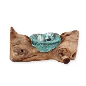 A handcrafted aqua glass bowl fused to natural driftwood base, rustic decorative home art piece.