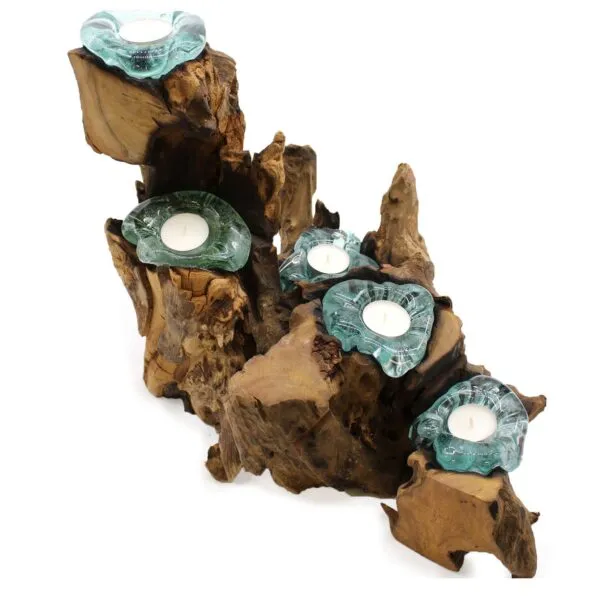 Boho Homeware with distinct Boho Chic A handcrafted wooden and glass candle holder with tealight candles on driftwood base and melted glass bowls.