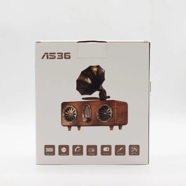 AS36 Wooden Retro Gramophone Speaker - Wireless Bluetooth Bronze Retro-style AS36 wireless gramophone speaker in brown packaging with vintage wooden and bronze design.