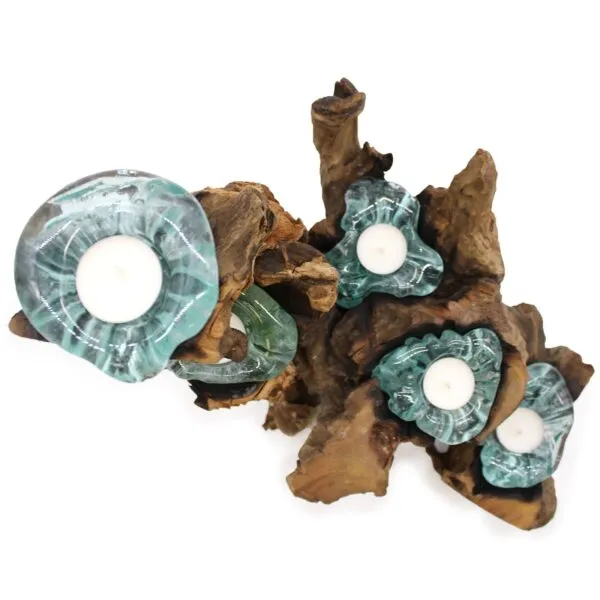 Wood and molten glass candle holder with four tealights, rustic handcrafted home décor piece.