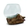 Hand-blown glass bowl fused to natural driftwood base, forming an artistic rustic home décor piece.