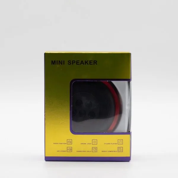 A gold and purple boxed mini speaker with a visible black and red circular speaker inside.