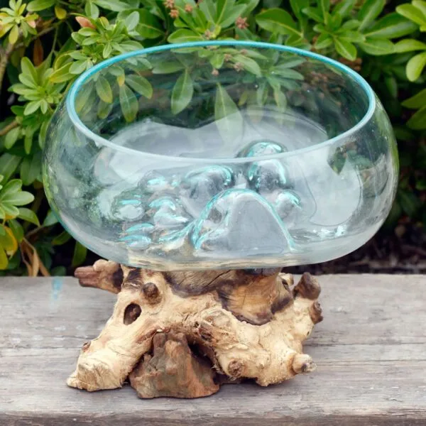 Handcrafted Glass Bowl Driftwood Base - Clear Green Fusion Design Molten Glass on Wood - Open Lrg Bowl