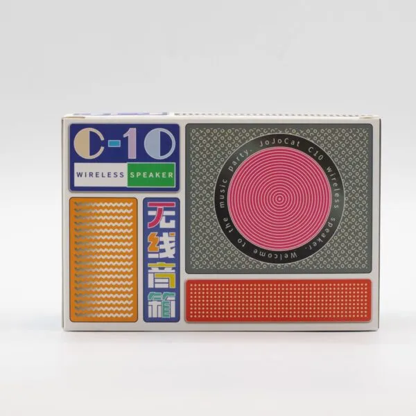 C-10 Wireless Speaker Box Design Navy Retro Style - Vibrant Colours C-10 Wireless Speaker packaging with bold geometric shapes, bright colours, and modern retro design.