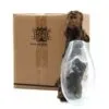 Hand-Blown Glass Vase Driftwood Base - Rustic Natural Design A hand-blown glass vase resting on natural driftwood beside a HOME branded cardboard box.