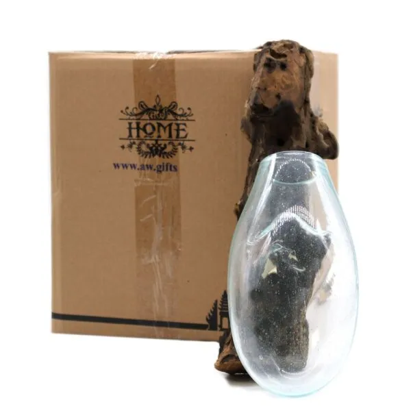 Hand-Blown Glass Vase Driftwood Base - Rustic Natural Design A hand-blown glass vase resting on natural driftwood beside a HOME branded cardboard box.