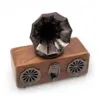 Vintage Wooden Bluetooth Speaker Bronze Horn - Retro Design A vintage-style wooden Bluetooth speaker with a decorative bronze gramophone horn and ornate detailing.