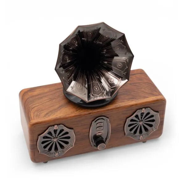 Vintage Wooden Bluetooth Speaker Bronze Horn - Retro Design A vintage-style wooden Bluetooth speaker with a decorative bronze gramophone horn and ornate detailing.