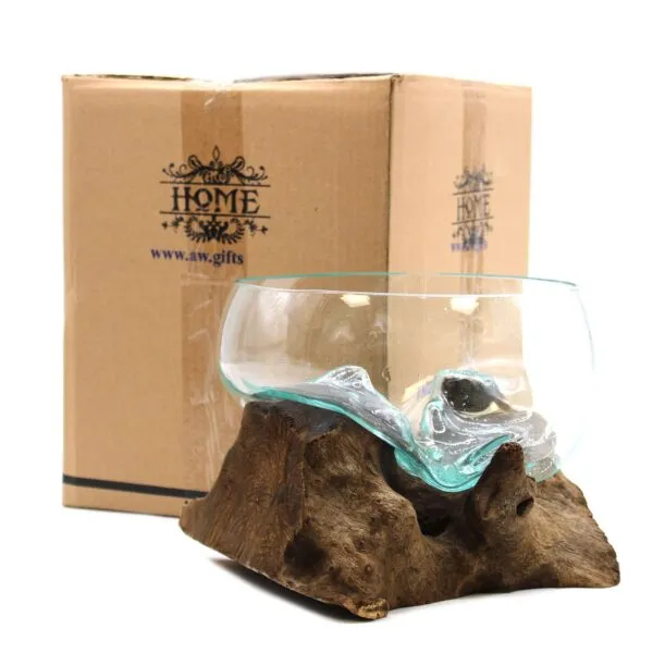 Handcrafted Glass And Wood Bowl - Clear Blue Rustic Design Molten Glass on Wood - Open Lrg Bowl