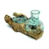 Hand-blown aqua glass bowl and vase fused onto natural driftwood base for rustic home décor.