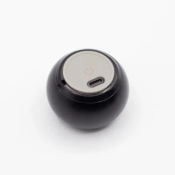 A small black spherical electronic device with a grey power button and USB-C charging port.