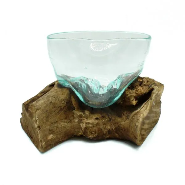 Hand-Blown Glass Bowl Aqua Tint Driftwood Base - Rustic Art Hand-blown glass bowl with aqua tint resting on a rugged driftwood base.