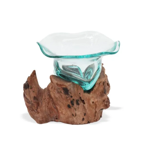 Hand-blown glass bowl resting on natural driftwood base, rustic decorative home art piece.