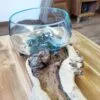 Hand-Blown Glass Bowl Natural Wood Base - Rustic Fusion Design Molton Glass on XLarge Double Stand - 70cm