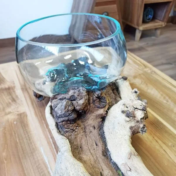 Hand-Blown Glass Bowl Natural Wood Base - Rustic Fusion Design Molton Glass on XLarge Double Stand - 70cm