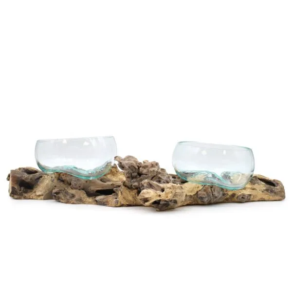 Hand-Blown Clear Glass Bowls on Natural Driftwood Base Two clear glass bowls resting on natural driftwood base, decorative handmade home decor piece.