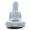 Buddha Statue Ceramic Light Blue Crackled Finish - Meditative Pose Light blue crackled Buddha statue in lotus pose on a dark round base against a white background.