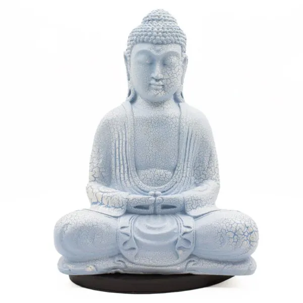 Buddha Statue Ceramic Light Blue Crackled Finish - Meditative Pose Light blue crackled Buddha statue in lotus pose on a dark round base against a white background.