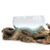 Hand-Blown Glass Bowl Driftwood Base - Clear Aqua Organic Design Molton Glass on XLarge Double Stand - 70cm
