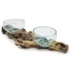Hand-Blown Glass Bowl Driftwood Sculpture - Coastal Blue Fusion Two hand-blown glass bowls fused to natural driftwood, forming a rustic coastal decorative centerpiece.