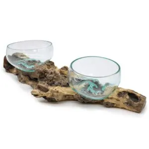 Two hand-blown glass bowls fused to natural driftwood, forming a rustic coastal decorative centerpiece.