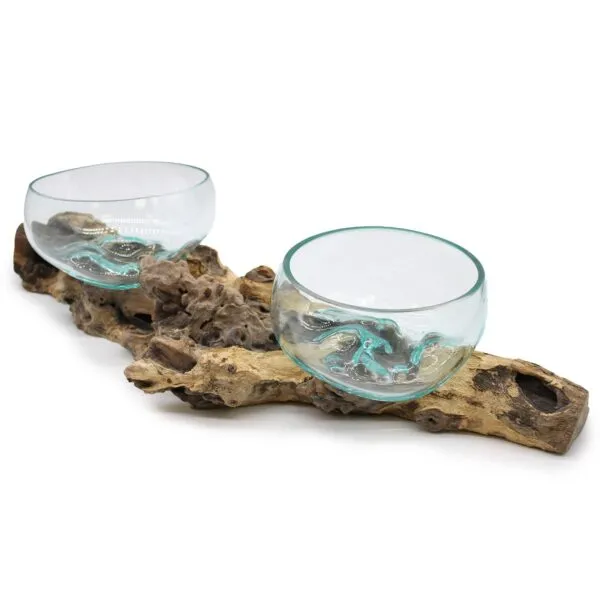 Hand-Blown Glass Bowl Driftwood Sculpture - Coastal Blue Fusion Two hand-blown glass bowls fused to natural driftwood, forming a rustic coastal decorative centerpiece.