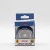 A blue and white boxed mini portable metal speaker with transparent front packaging display.