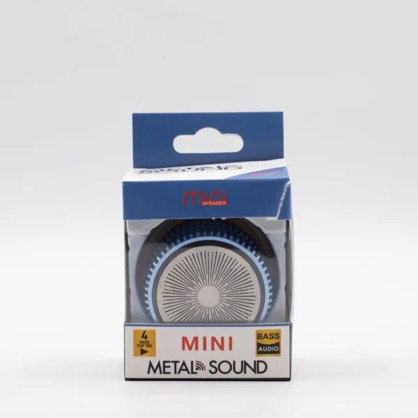 A blue and white boxed mini portable metal speaker with transparent front packaging display.