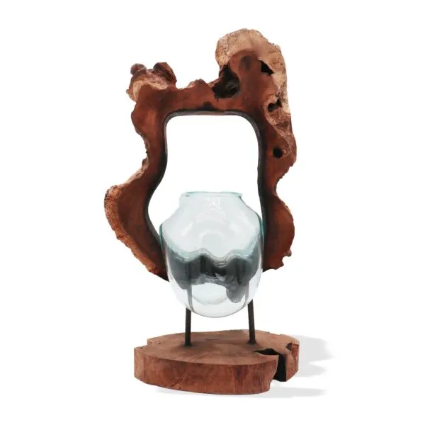 Wood And Glass Sculpture - Natural Brown Base With Molten Form A handcrafted wooden and glass sculpture combining natural wood textures with a clear molten glass vessel.