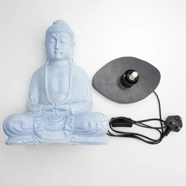 Blue Ceramic Buddha Figurine Lamp Base - Crackle Finish Light blue crackle ceramic Buddha figurine with detached black electric lamp base on white background.