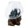 A clear handcrafted glass bowl shaped to a natural wooden base, rustic and decorative.
