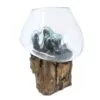 A clear molten glass bowl fused to natural driftwood base, rustic handmade decorative centrepiece.