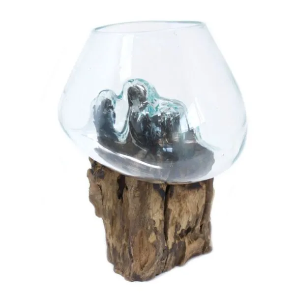 A clear molten glass bowl fused to natural driftwood base, rustic handmade decorative centrepiece.