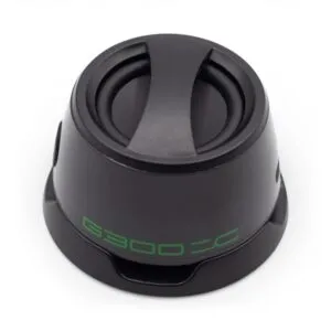 A black cylindrical Bluetooth speaker with green “G300C” branding and a matte modern design.