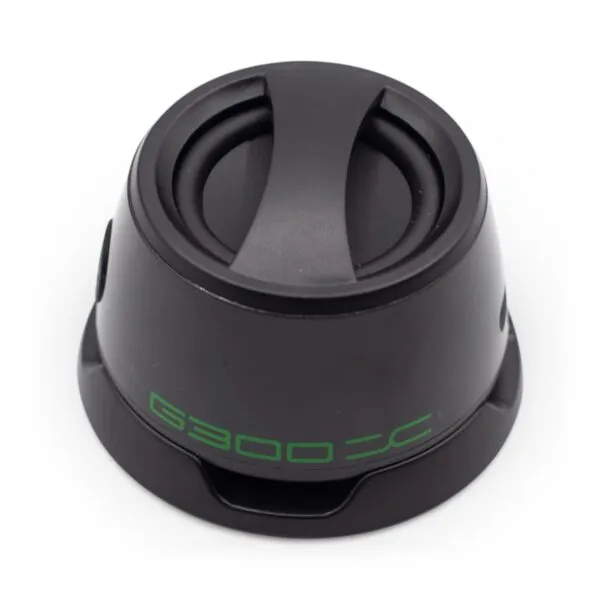 A black cylindrical Bluetooth speaker with green “G300C” branding and a matte modern design.