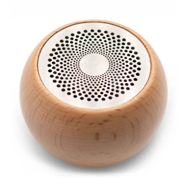 A small round wooden Bluetooth speaker with a silver perforated metal top on a white background.