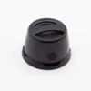 A small black plastic travel mug lid with an X-shaped handle on a white background.