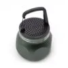 A matte green portable container with a black perforated lid and sturdy folding handle.